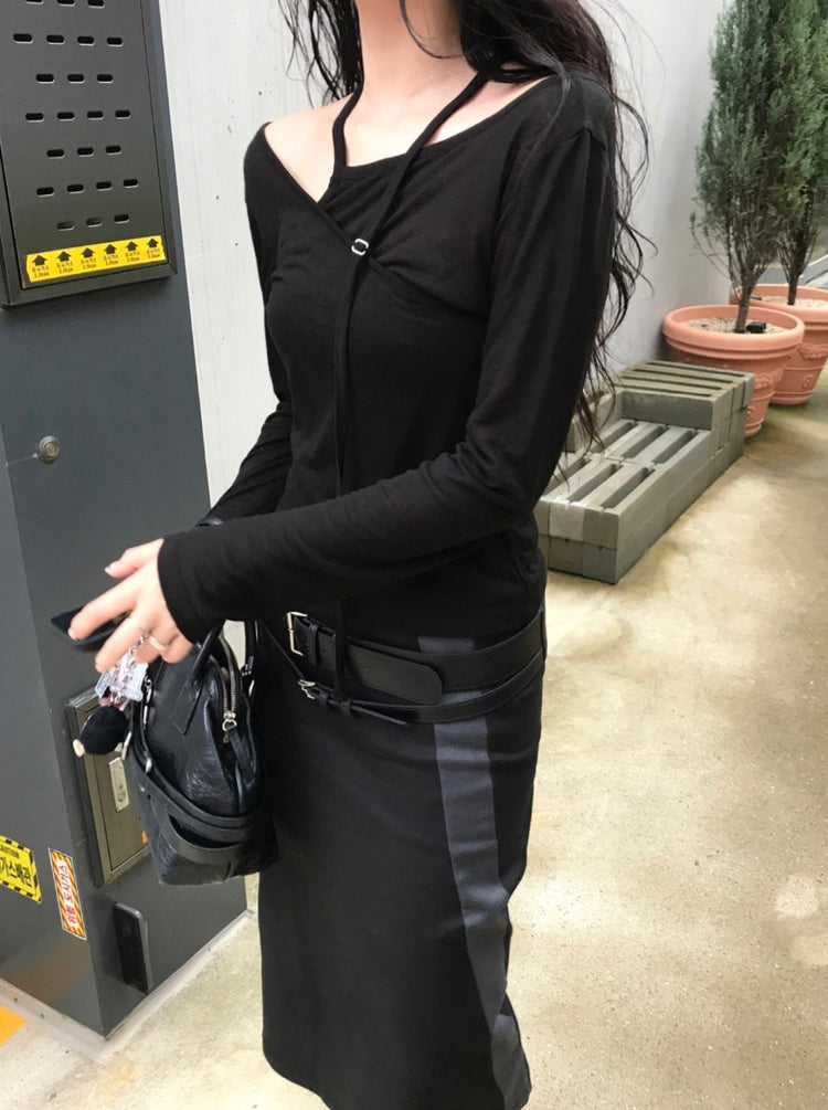 天絲微透膚不對稱垂帶設計上衣