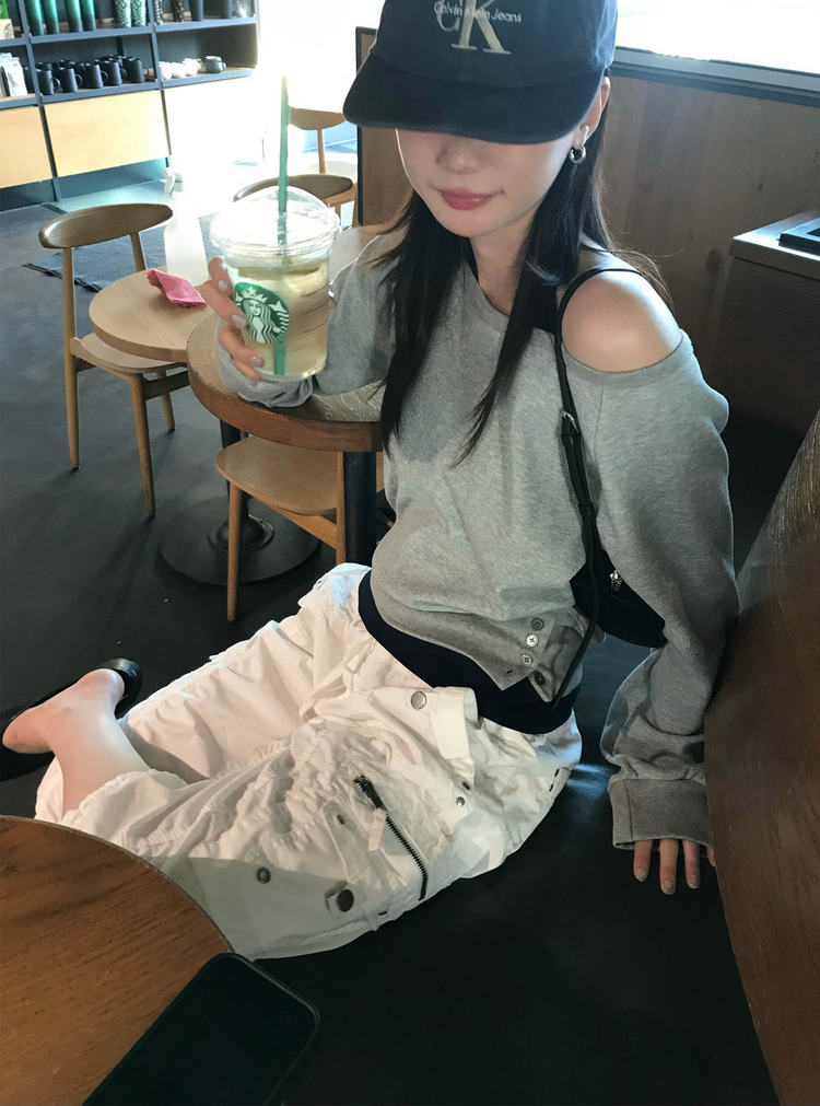 美肩撞色掛脖兩件式上衣