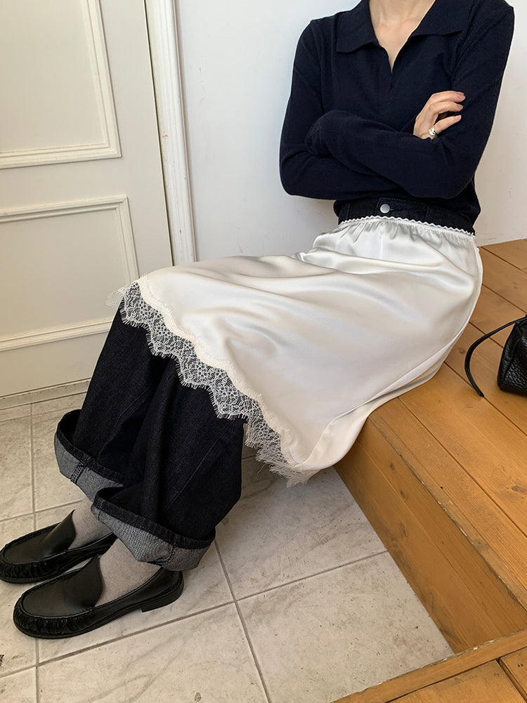霧光澤蕾絲邊半裙