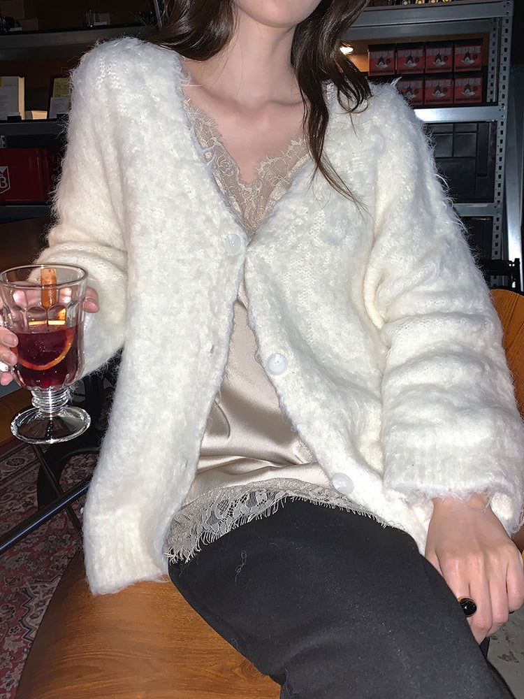 毛感細節排鈕寬鬆針織外套