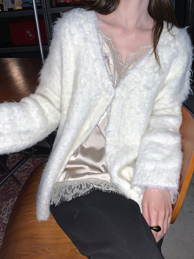 毛感細節排鈕寬鬆針織外套