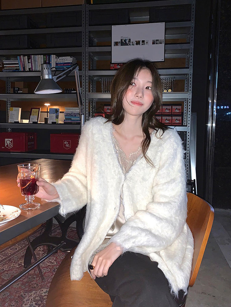 毛感細節排鈕寬鬆針織外套