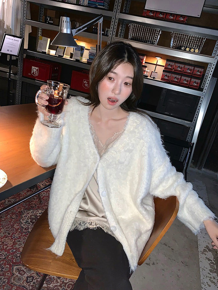 毛感細節排鈕寬鬆針織外套