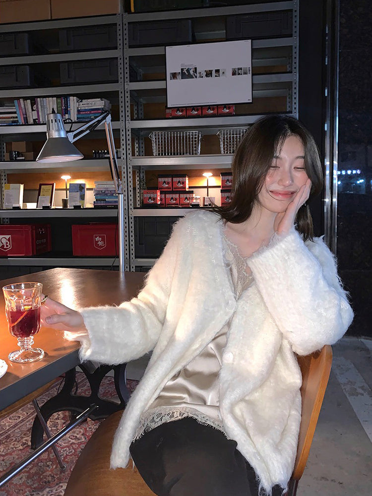 毛感細節排鈕寬鬆針織外套