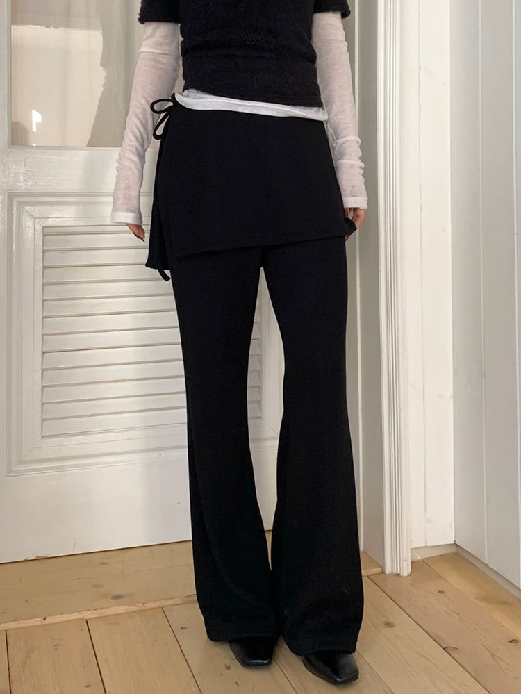 側綁帶細長腿假兩件裙褲