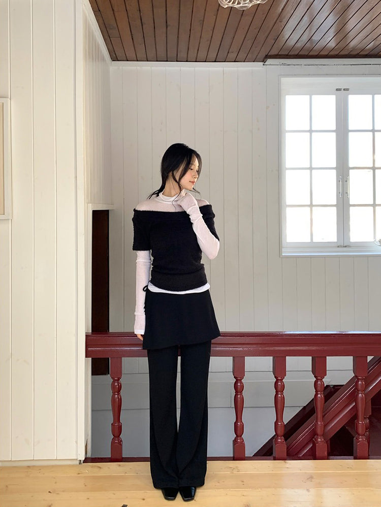 側綁帶細長腿假兩件裙褲