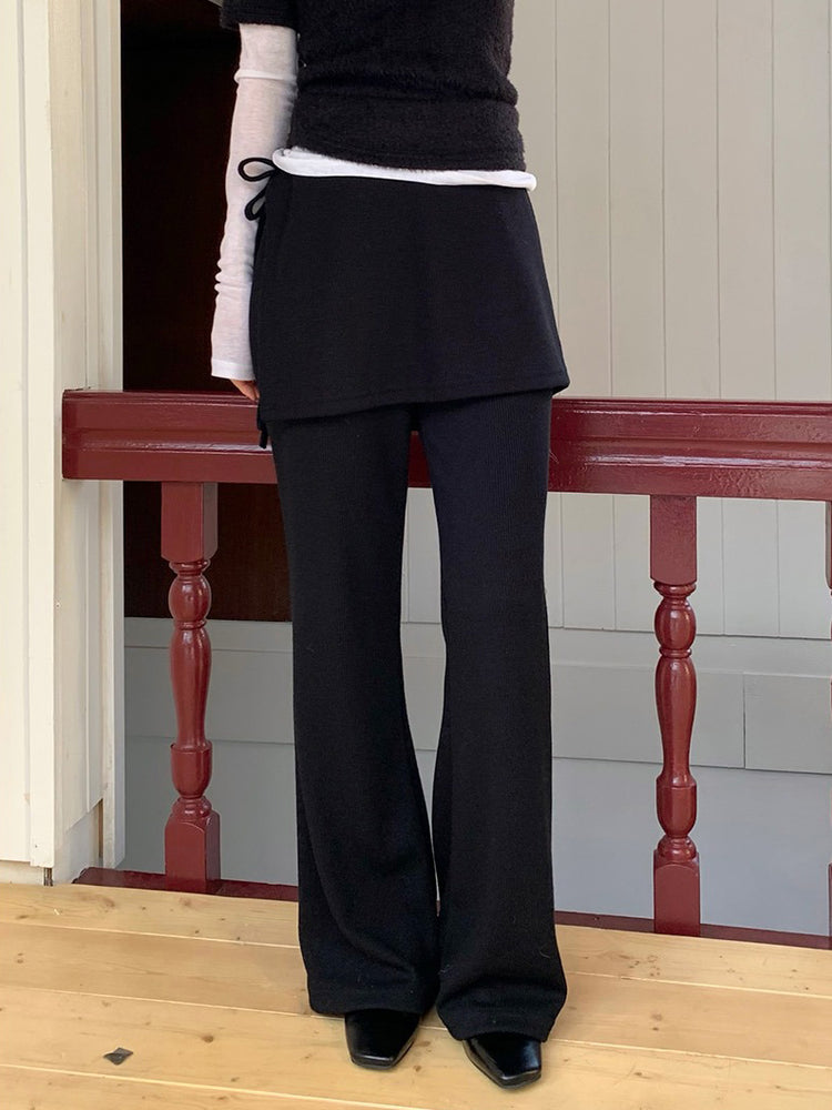 側綁帶細長腿假兩件裙褲