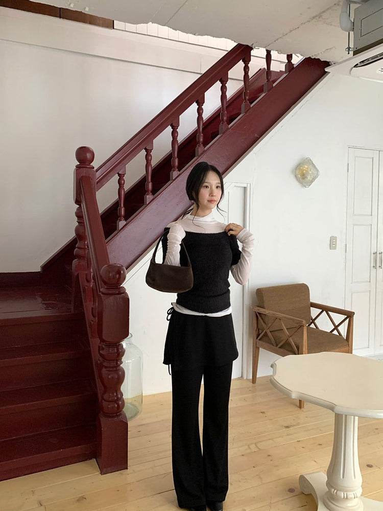 側綁帶細長腿假兩件裙褲