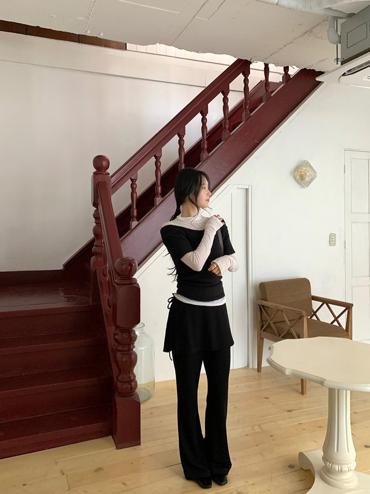 側綁帶細長腿假兩件裙褲