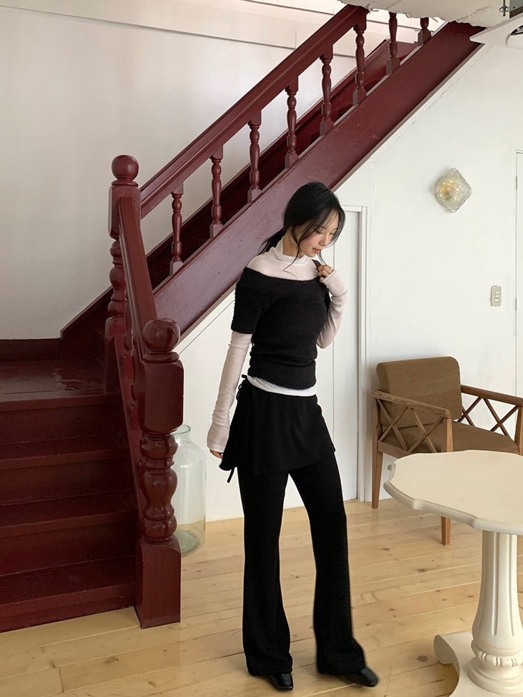 側綁帶細長腿假兩件裙褲