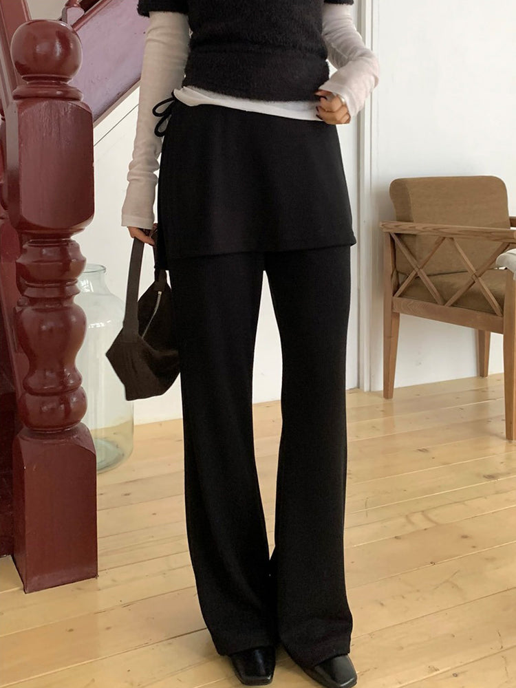 側綁帶細長腿假兩件裙褲