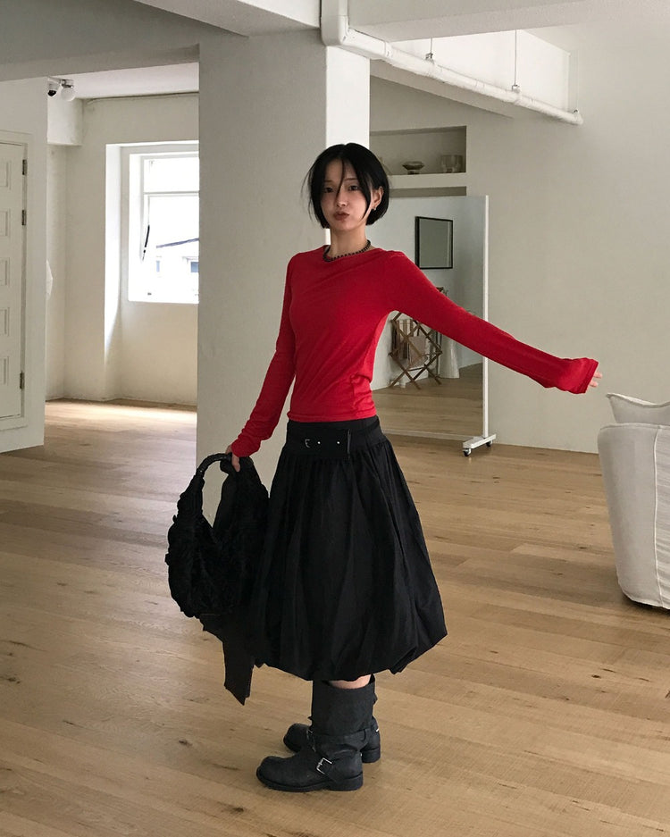 寬腰頭泡泡中裙