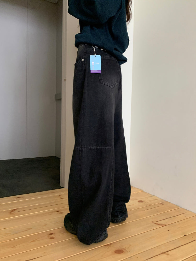 弧形側壓線廓形牛仔褲