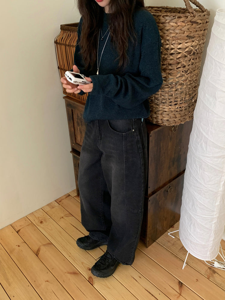 弧形側壓線廓形牛仔褲