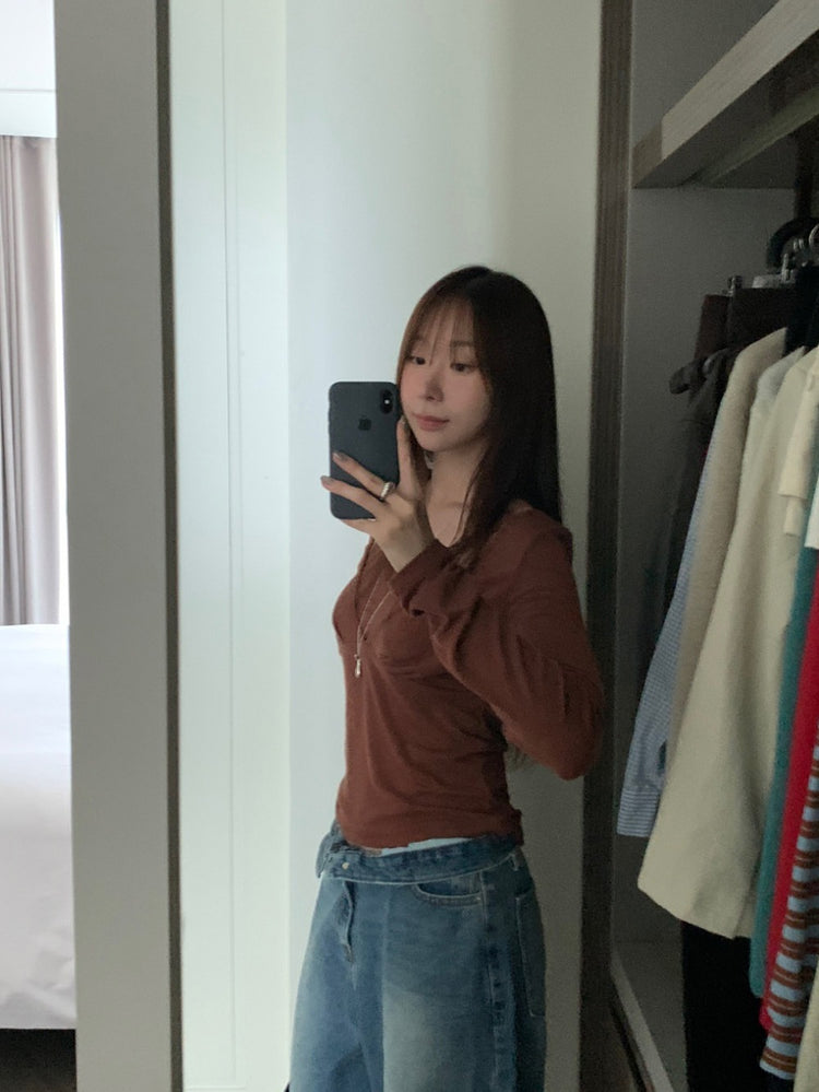 美鎖骨掛脖假兩件式上衣
