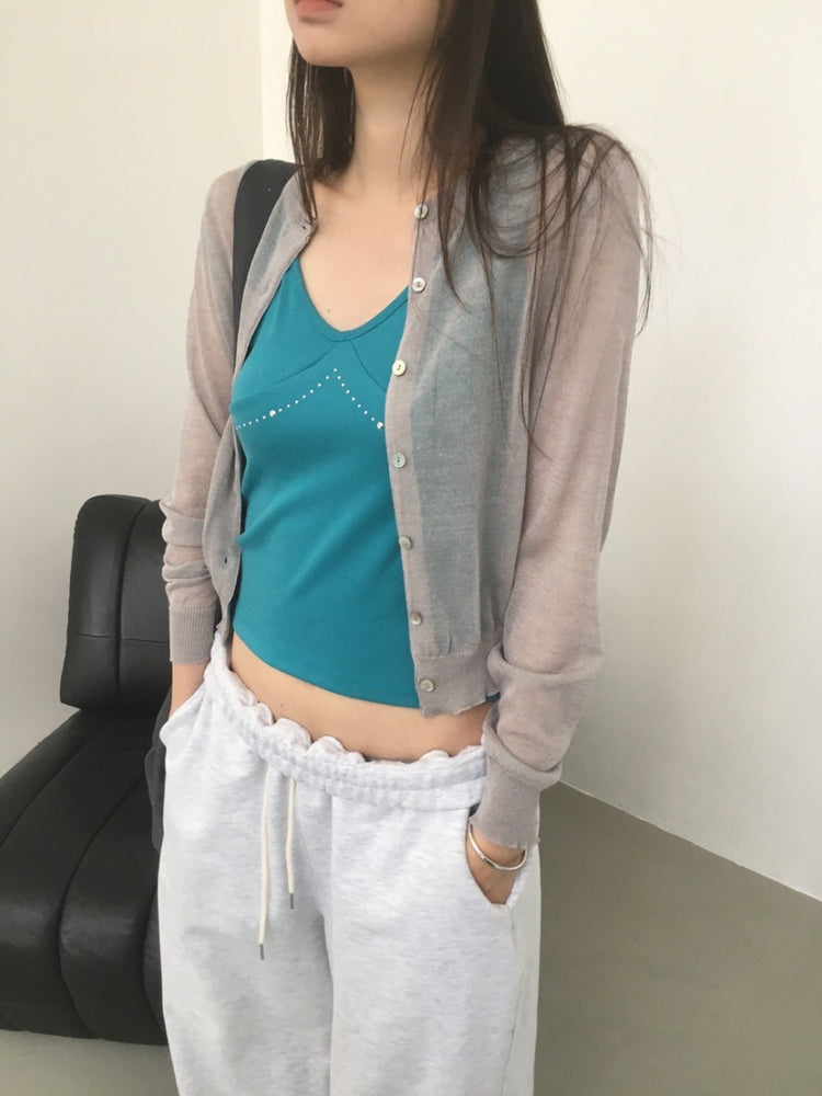 透膚圓領排鈕針織外套