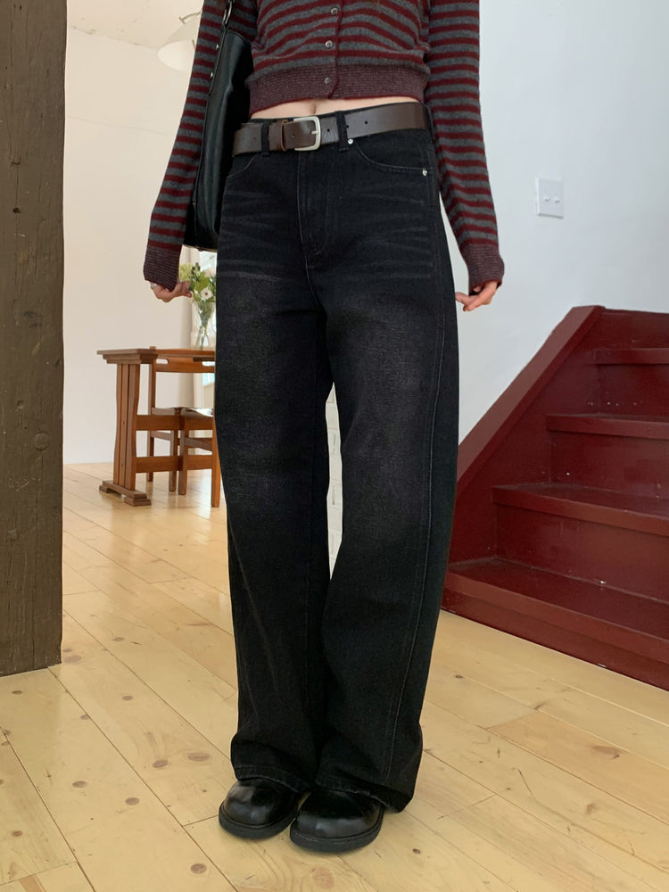 復古美刷色側前壓線細節牛仔褲