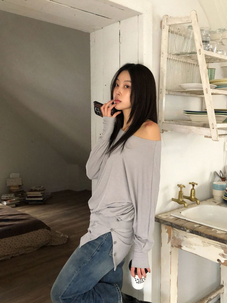 美肩側開叉指扣細節修腰連身裙