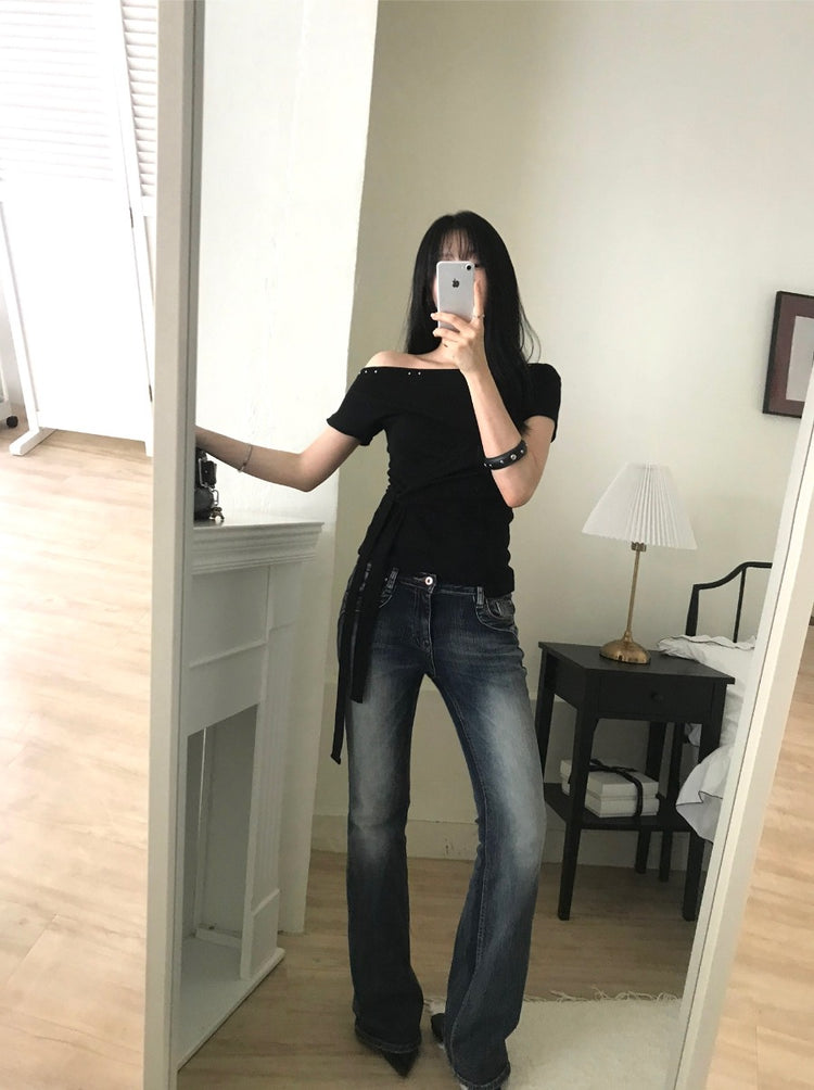 美肩鉚釘細節綁帶修腰上衣