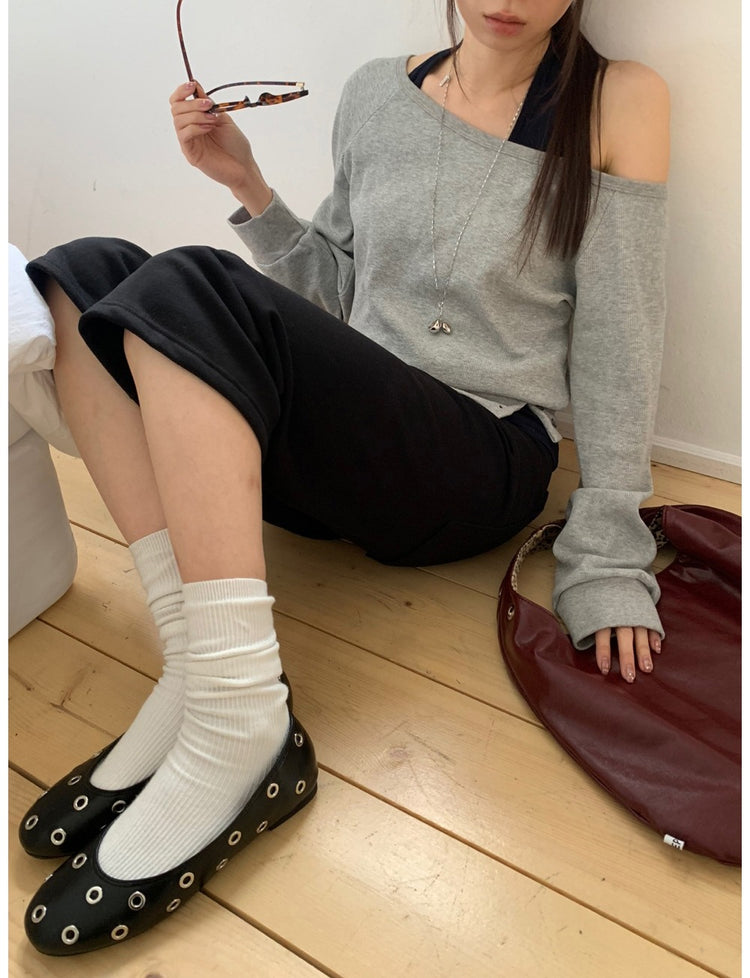 美肩撞色掛脖兩件式上衣