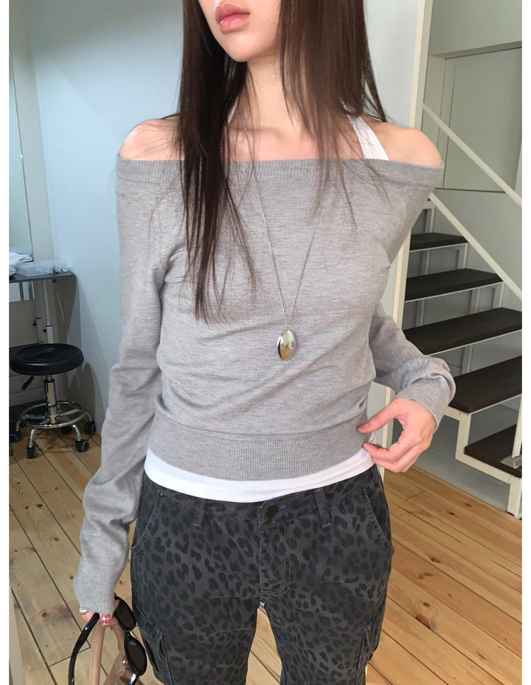 美色露肩修身針織上衣