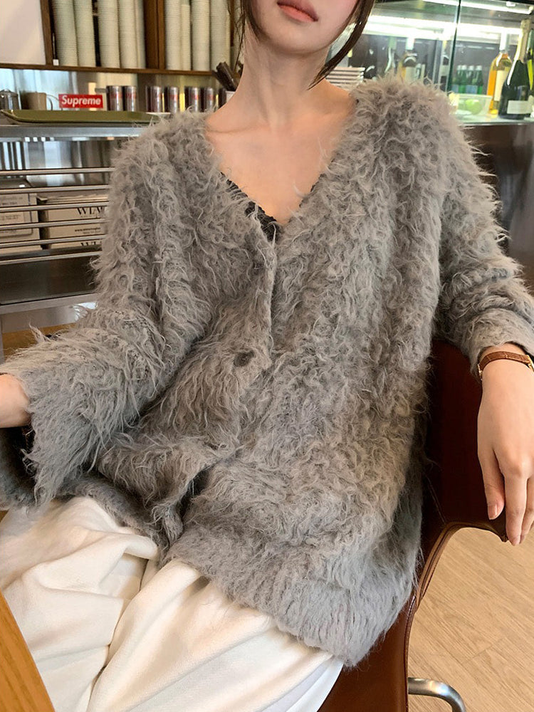 毛感細節排鈕寬鬆針織外套