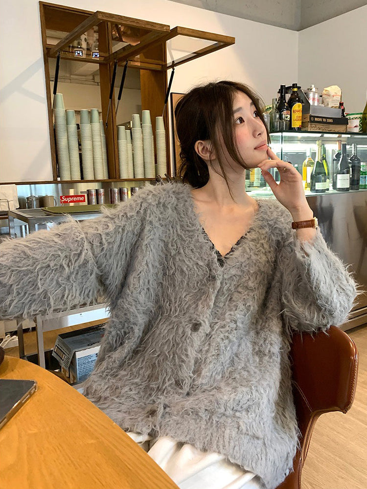 毛感細節排鈕寬鬆針織外套