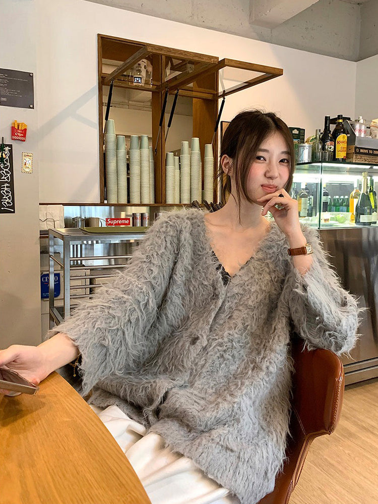 毛感細節排鈕寬鬆針織外套