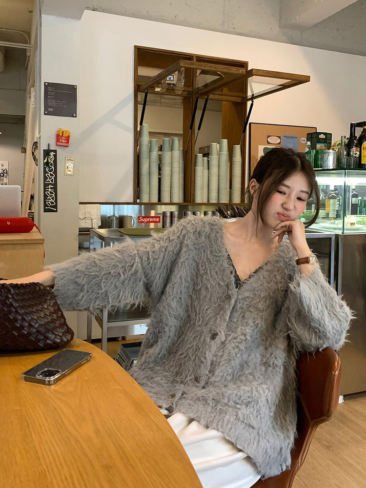 毛感細節排鈕寬鬆針織外套