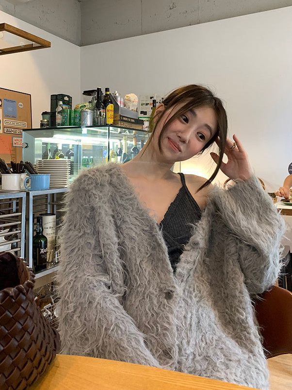 毛感細節排鈕寬鬆針織外套