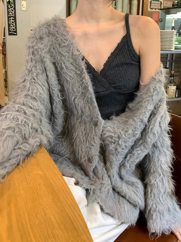 毛感細節排鈕寬鬆針織外套