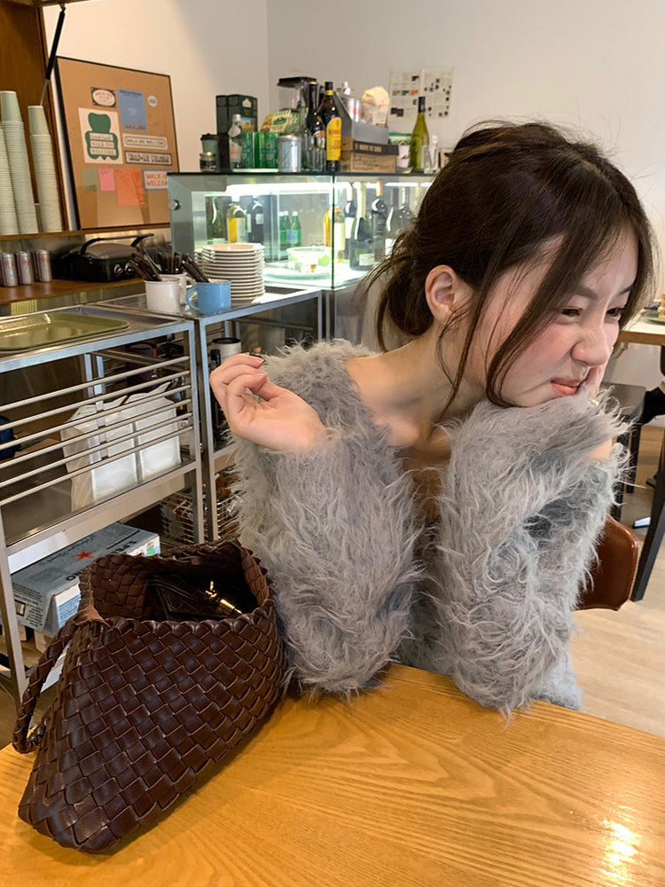 毛感細節排鈕寬鬆針織外套