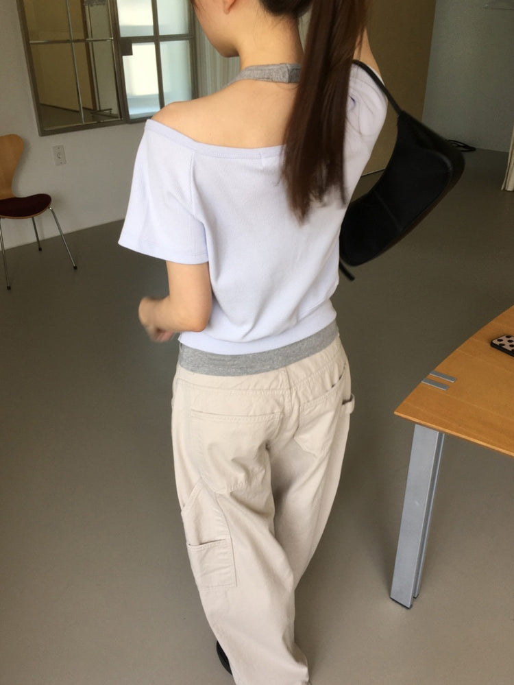 S/S 美肩撞色掛脖兩件式上衣