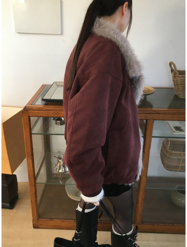 翻領毛毛細節麂皮外套