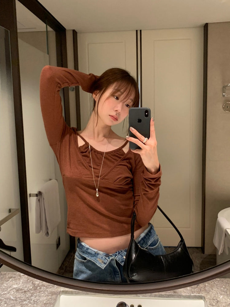 美鎖骨掛脖假兩件式上衣