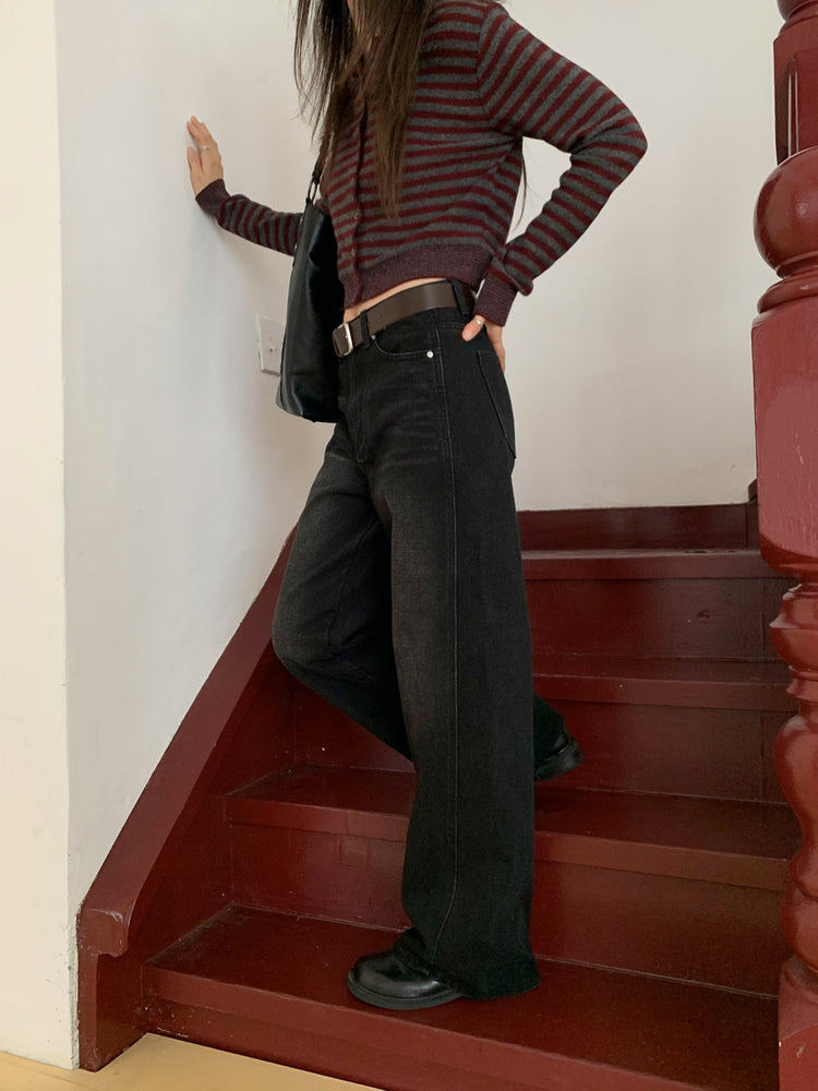 復古美刷色側前壓線細節牛仔褲