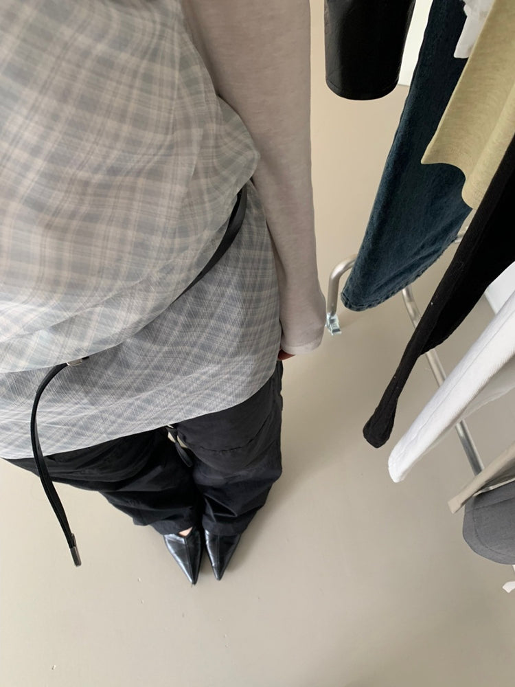 微透格紋荷葉邊細節連身裙