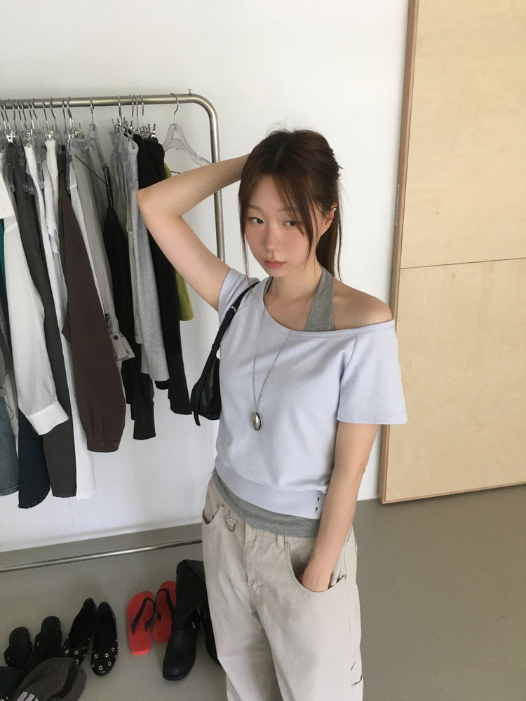 S/S 美肩撞色掛脖兩件式上衣