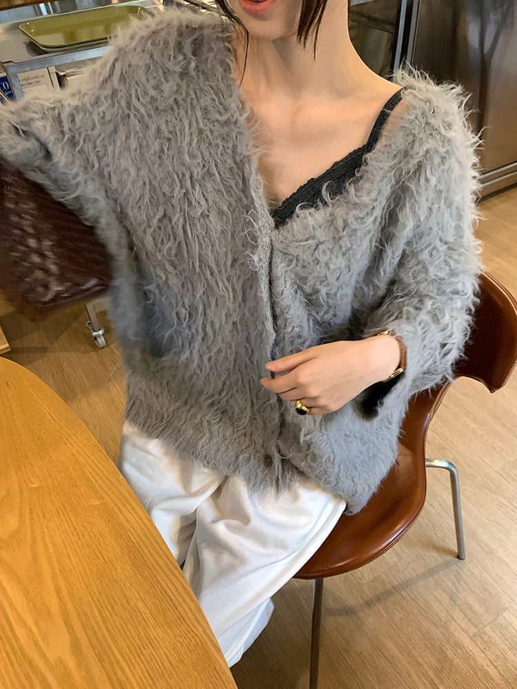 毛感細節排鈕寬鬆針織外套