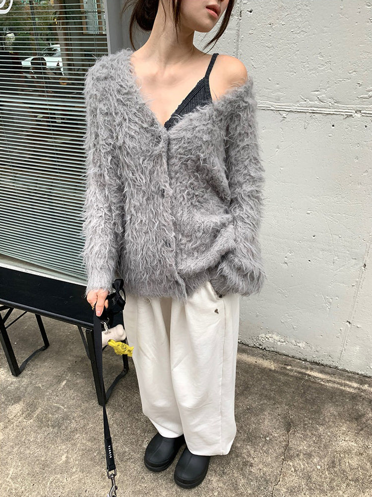 毛感細節排鈕寬鬆針織外套