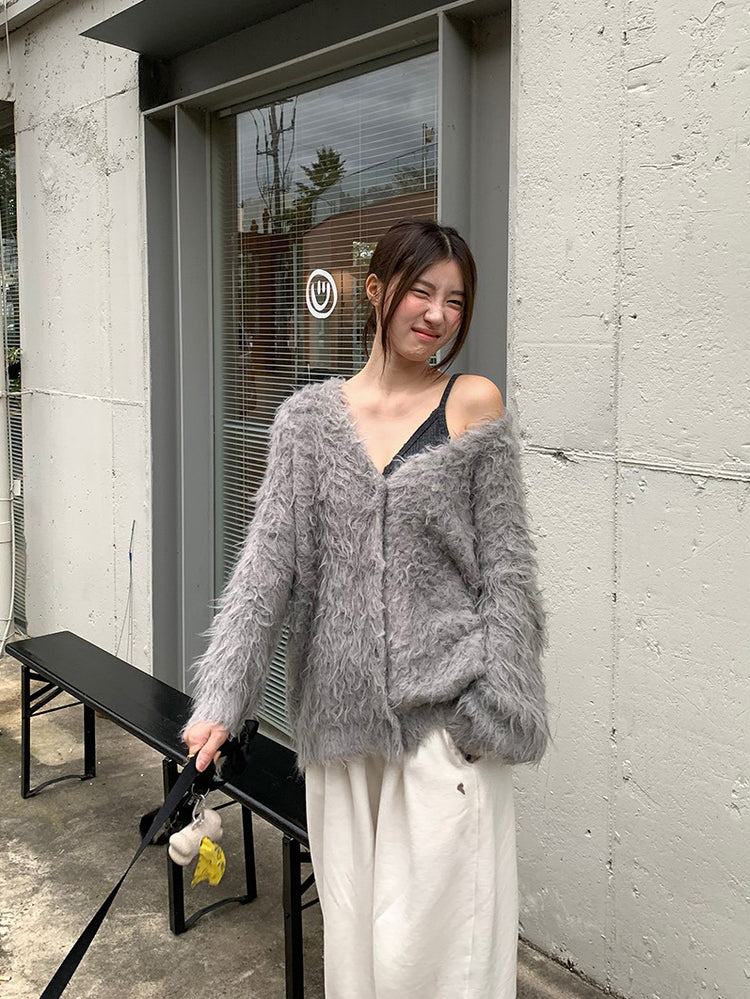 毛感細節排鈕寬鬆針織外套