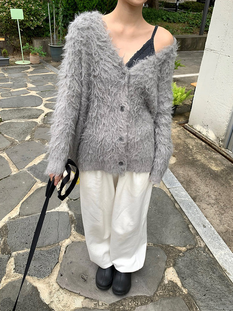 毛感細節排鈕寬鬆針織外套