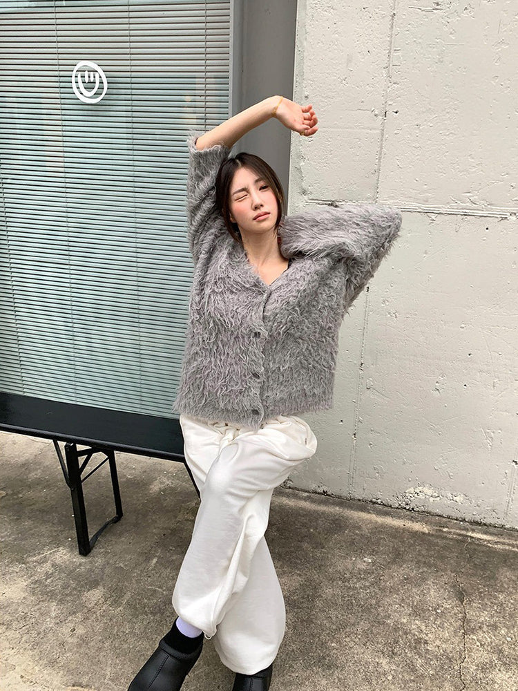 毛感細節排鈕寬鬆針織外套