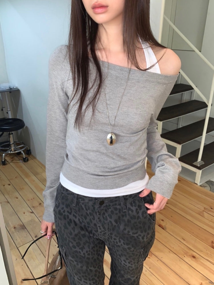 美色露肩修身針織上衣