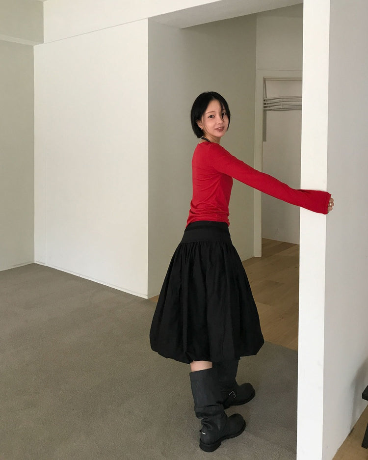 寬腰頭泡泡中裙