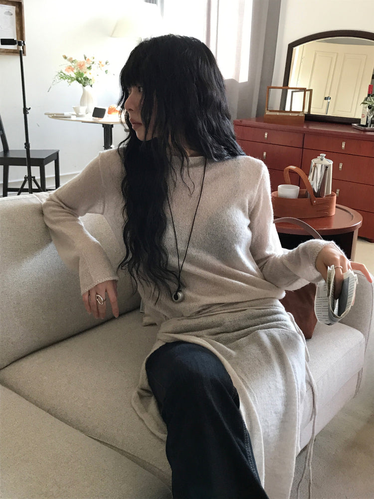 微透膚羊駝毛船領針織上衣