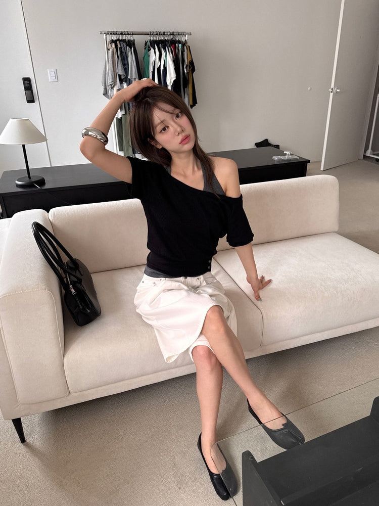 華夫格掛脖美肩兩件式上衣