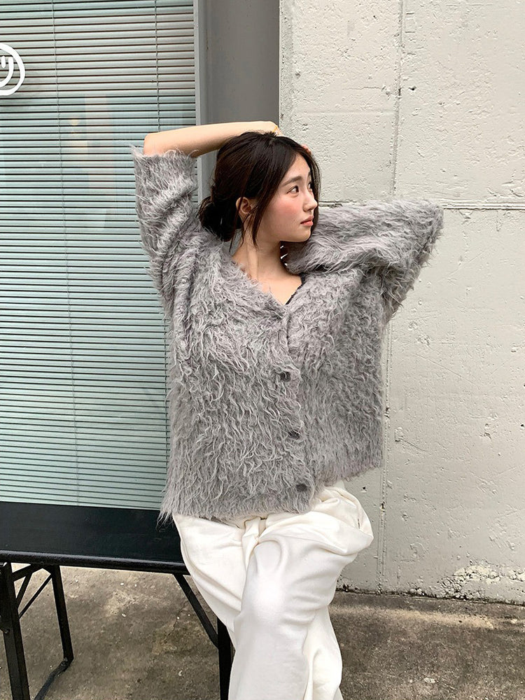 毛感細節排鈕寬鬆針織外套