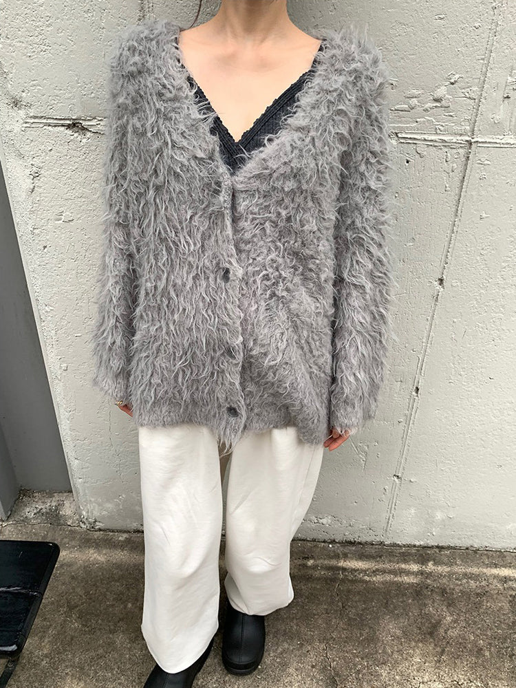 毛感細節排鈕寬鬆針織外套