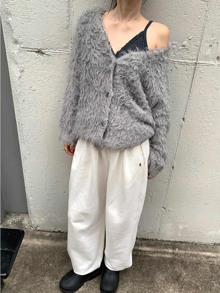 毛感細節排鈕寬鬆針織外套